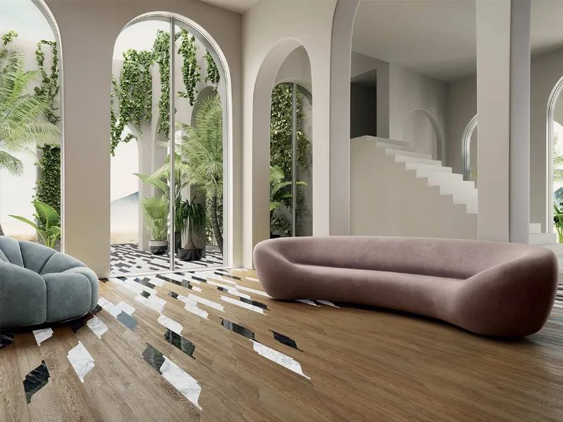 Miraggio è l'innovativa soluzione d'arredo in gres e legno ideata da Corà in collaborazione con Pininfarina