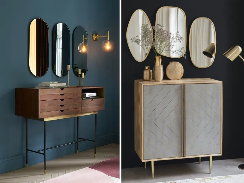 Maisons du Monde ci mostra due modelli di specchiere dalle forme originali e dai profili metallici.