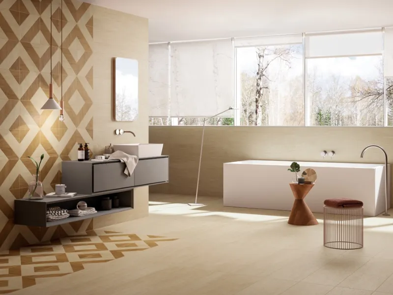 Eclettismo in bagno con la collezione in gres porcellanato ChicWood di Panaria