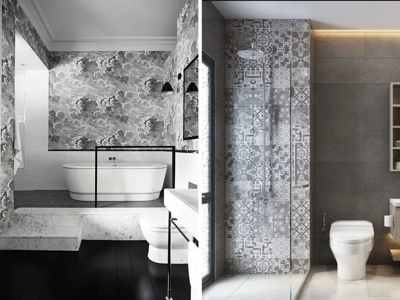 Carta da parati, cementine, illuminazione, arredo di design per il bagno grigio e bianco