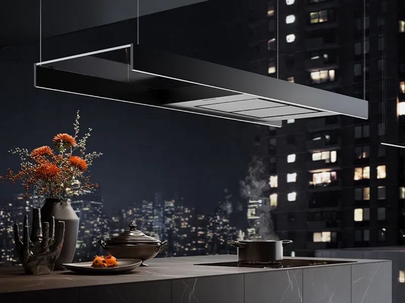 Design esclusivo per la nuova cappa a isola Light disponibile da luglio 2021